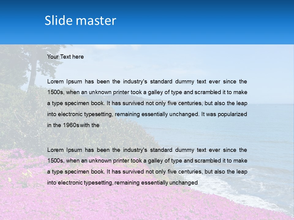 A Beautiful Blue Ocean With Purple Flowers In The Foreground PowerPoint Template