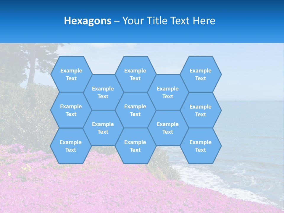 A Beautiful Blue Ocean With Purple Flowers In The Foreground PowerPoint Template