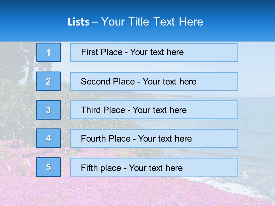 A Beautiful Blue Ocean With Purple Flowers In The Foreground PowerPoint Template