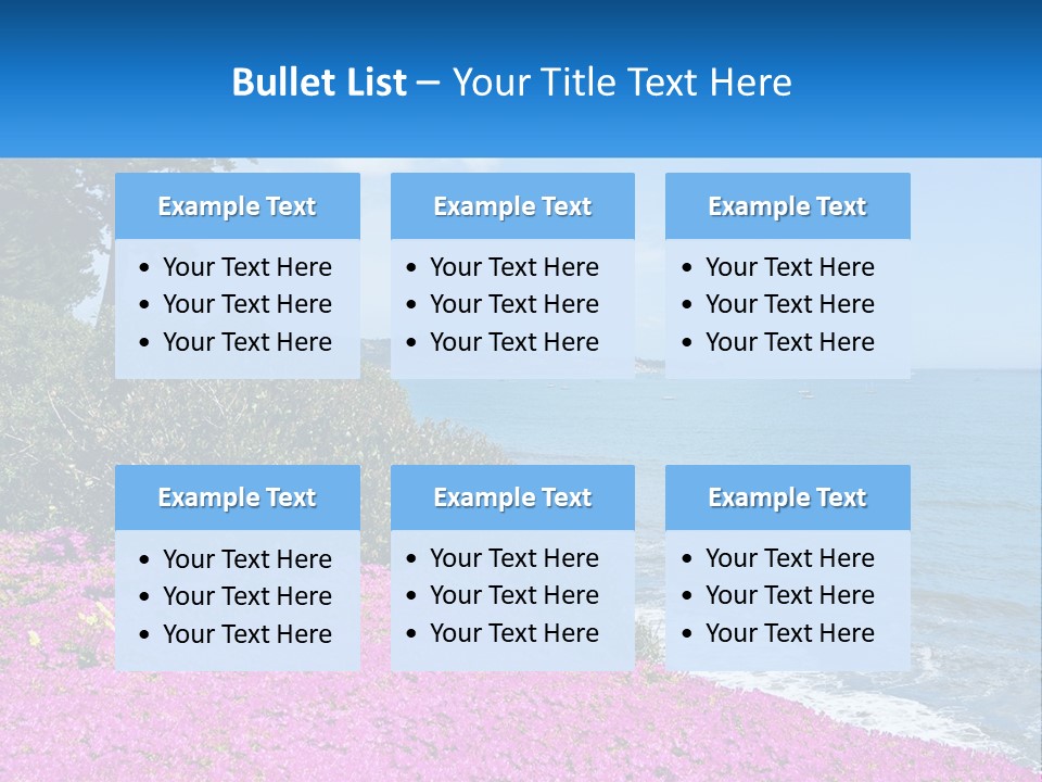 A Beautiful Blue Ocean With Purple Flowers In The Foreground PowerPoint Template