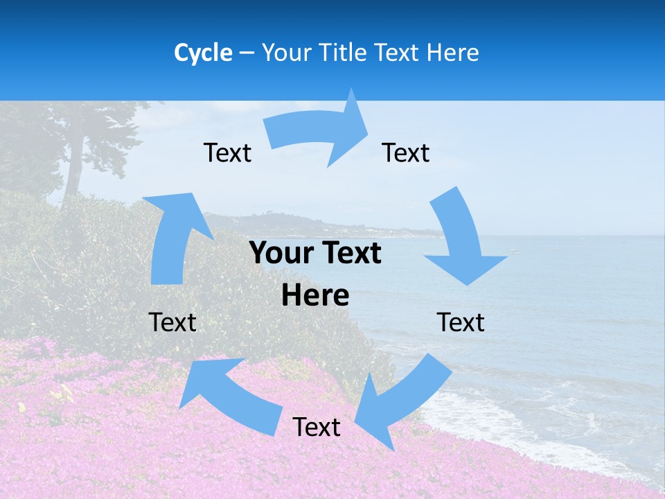 A Beautiful Blue Ocean With Purple Flowers In The Foreground PowerPoint Template