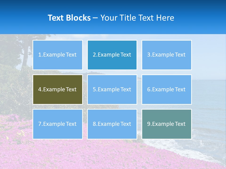 A Beautiful Blue Ocean With Purple Flowers In The Foreground PowerPoint Template