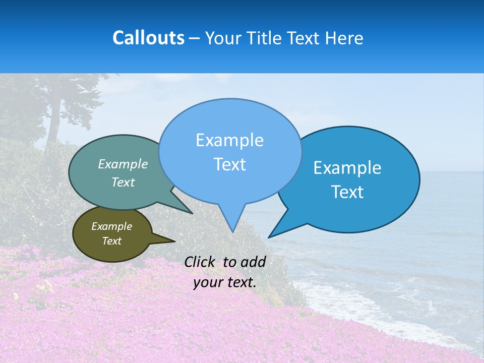 A Beautiful Blue Ocean With Purple Flowers In The Foreground PowerPoint Template