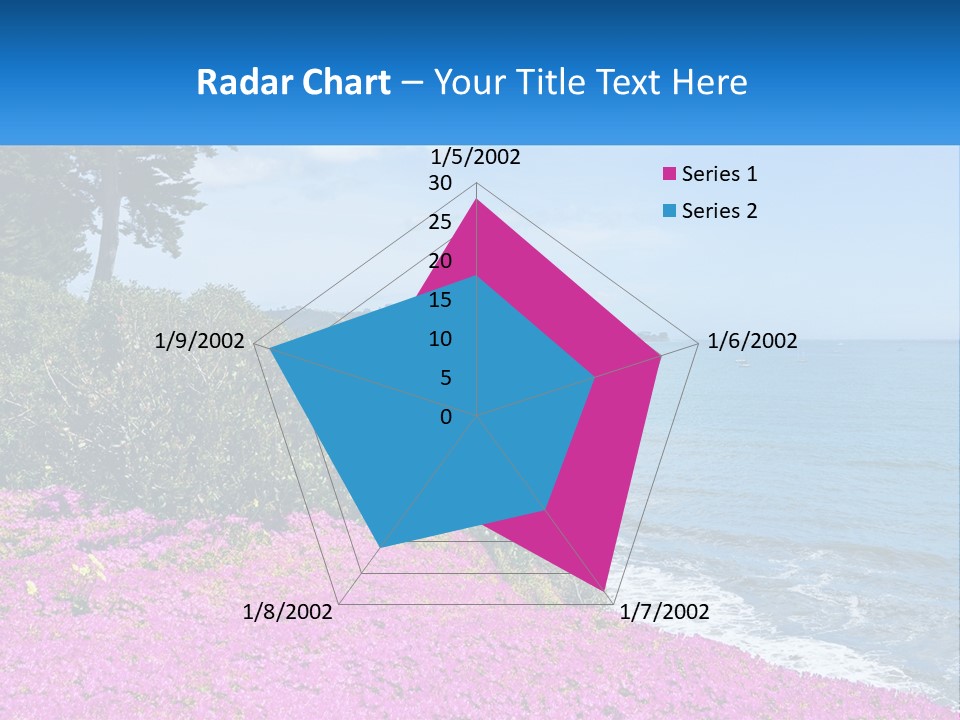 A Beautiful Blue Ocean With Purple Flowers In The Foreground PowerPoint Template