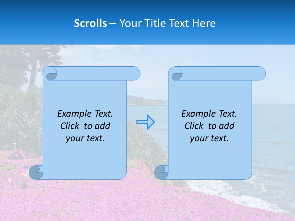 A Beautiful Blue Ocean With Purple Flowers In The Foreground PowerPoint Template