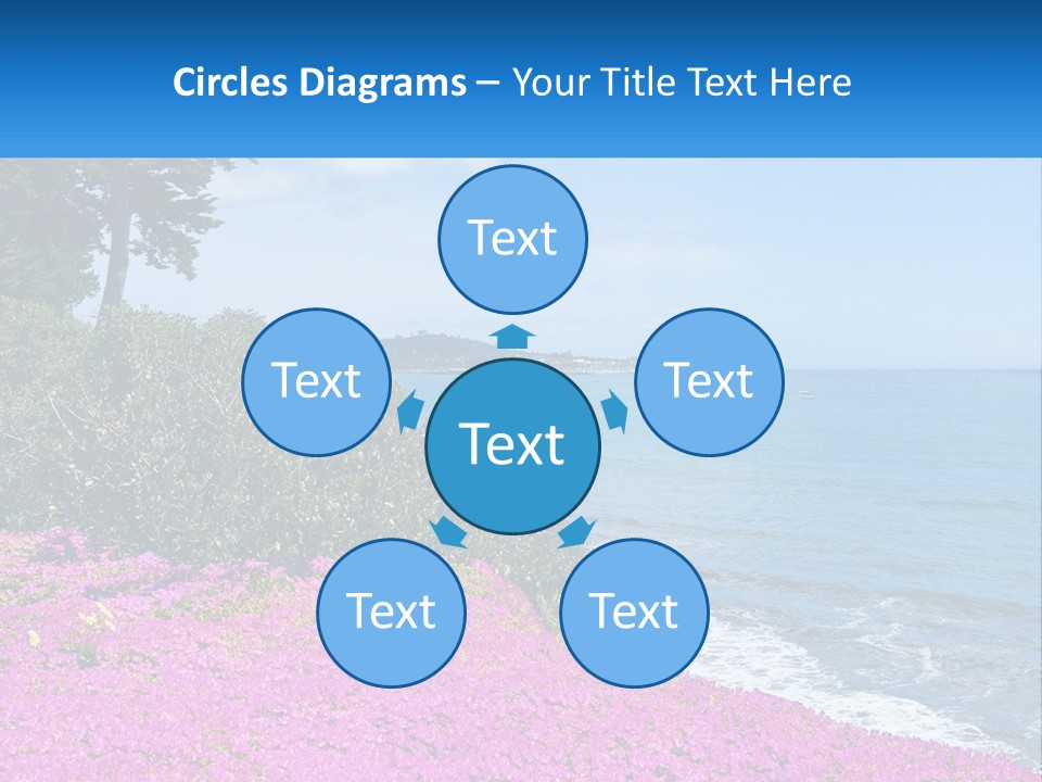 A Beautiful Blue Ocean With Purple Flowers In The Foreground PowerPoint Template