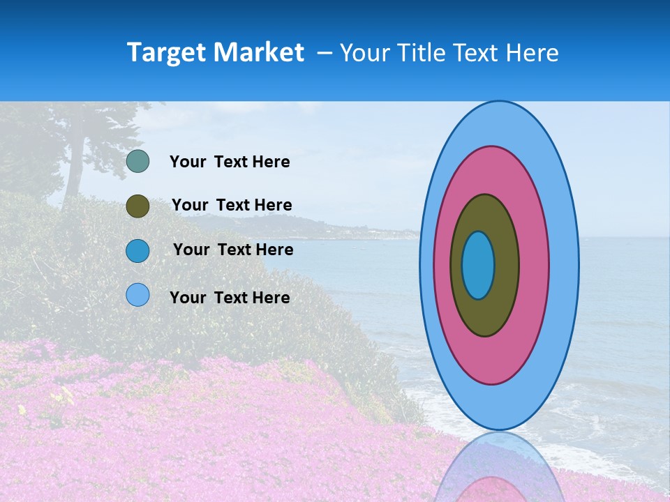 A Beautiful Blue Ocean With Purple Flowers In The Foreground PowerPoint Template