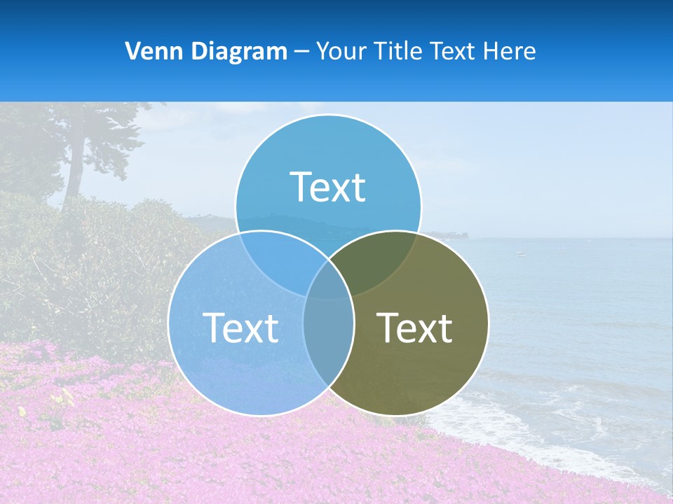 A Beautiful Blue Ocean With Purple Flowers In The Foreground PowerPoint Template