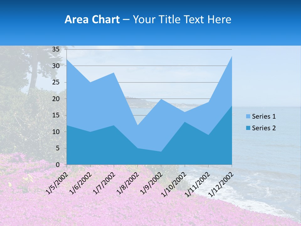A Beautiful Blue Ocean With Purple Flowers In The Foreground PowerPoint Template