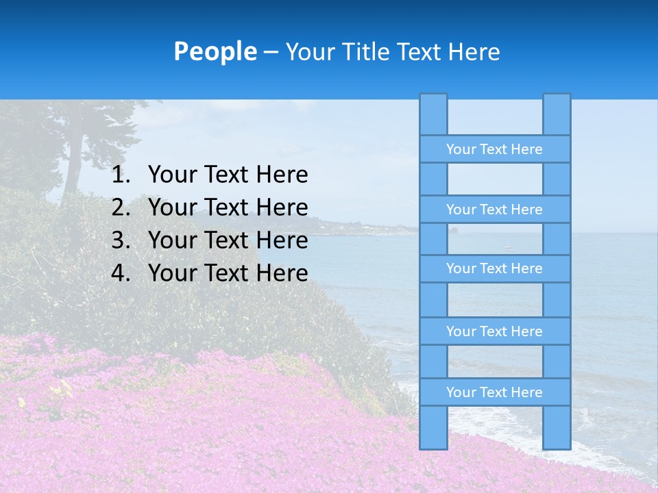 A Beautiful Blue Ocean With Purple Flowers In The Foreground PowerPoint Template