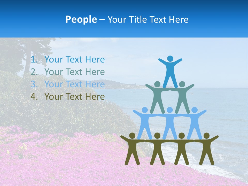 A Beautiful Blue Ocean With Purple Flowers In The Foreground PowerPoint Template