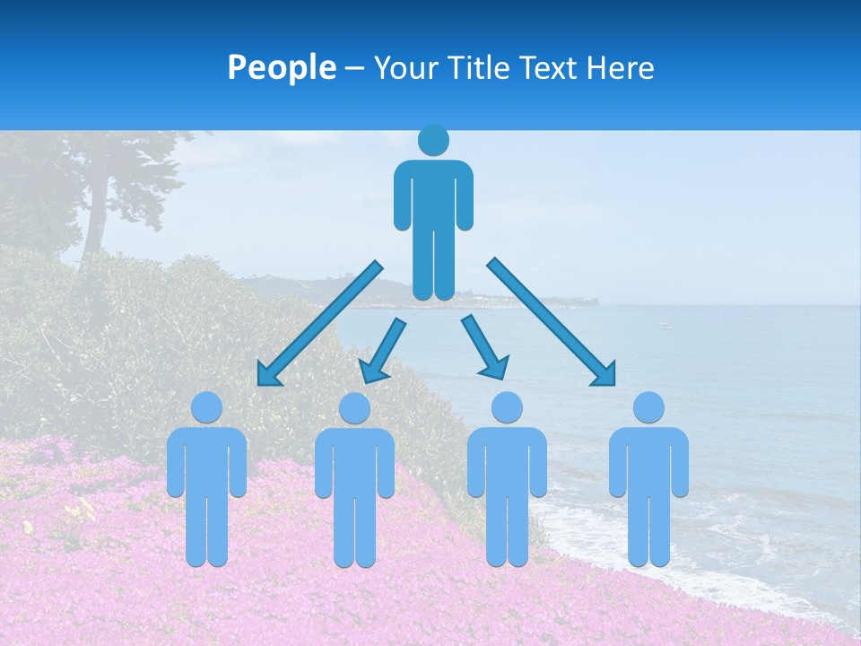 A Beautiful Blue Ocean With Purple Flowers In The Foreground PowerPoint Template