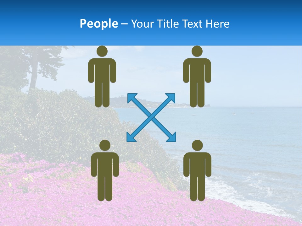 A Beautiful Blue Ocean With Purple Flowers In The Foreground PowerPoint Template