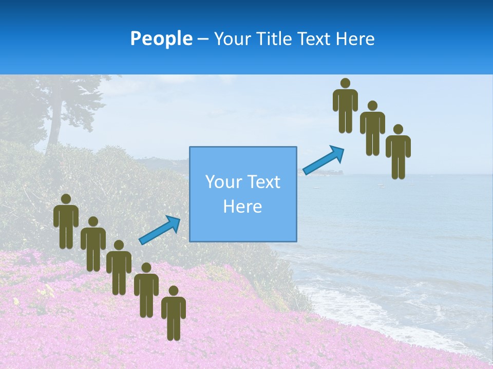 A Beautiful Blue Ocean With Purple Flowers In The Foreground PowerPoint Template