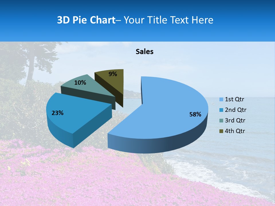 A Beautiful Blue Ocean With Purple Flowers In The Foreground PowerPoint Template