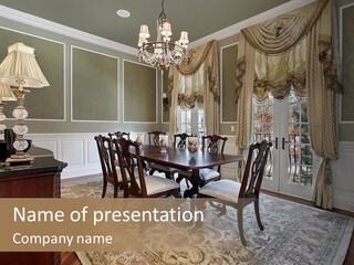 A Formal Dining Room With A Chandelier And Table PowerPoint Template