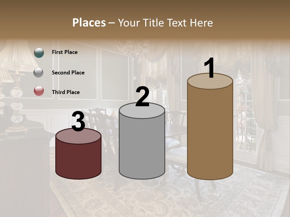 A Formal Dining Room With A Chandelier And Table PowerPoint Template