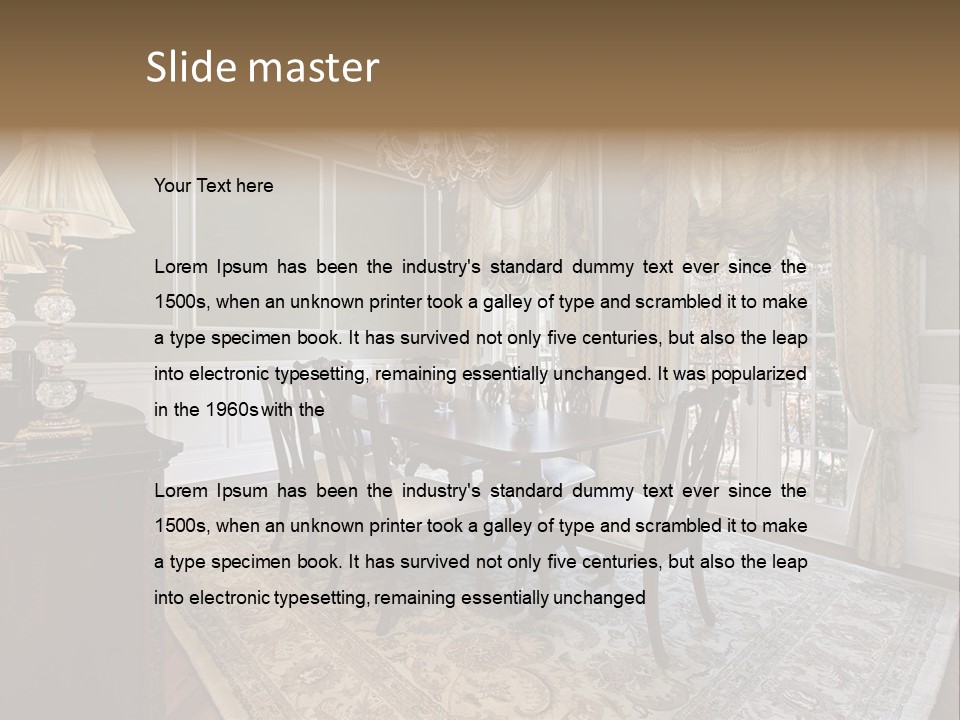 A Formal Dining Room With A Chandelier And Table PowerPoint Template