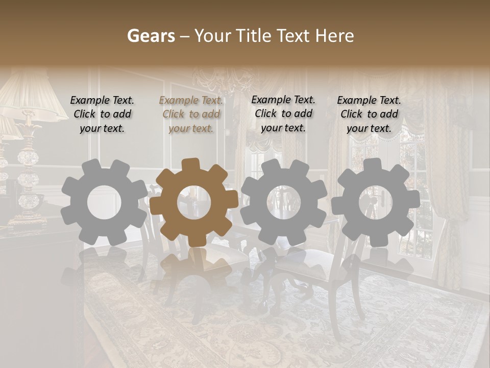 A Formal Dining Room With A Chandelier And Table PowerPoint Template