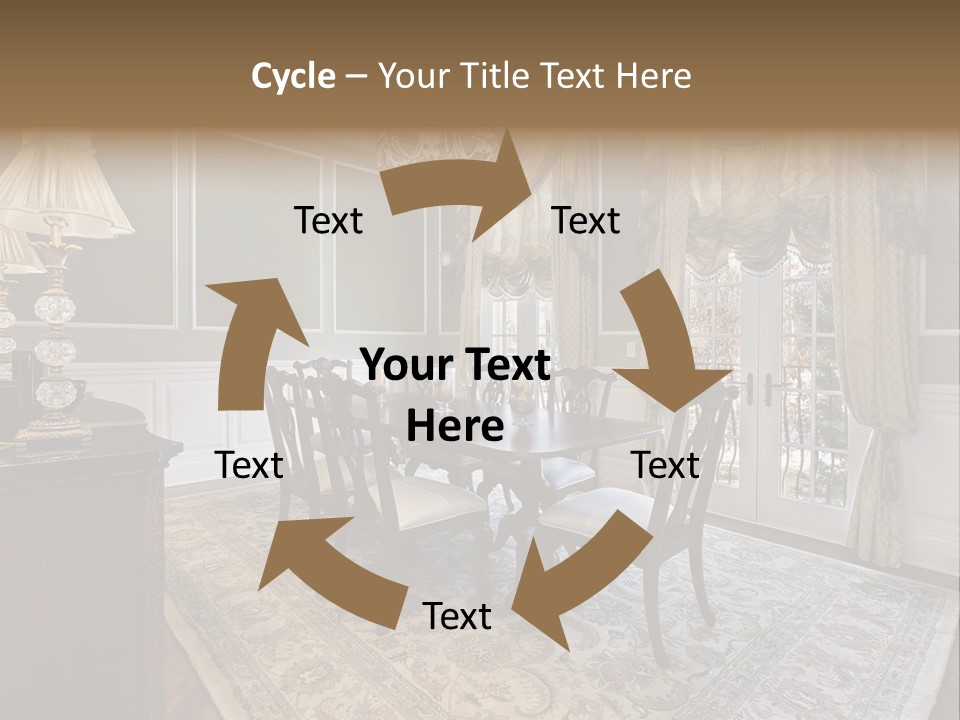 A Formal Dining Room With A Chandelier And Table PowerPoint Template