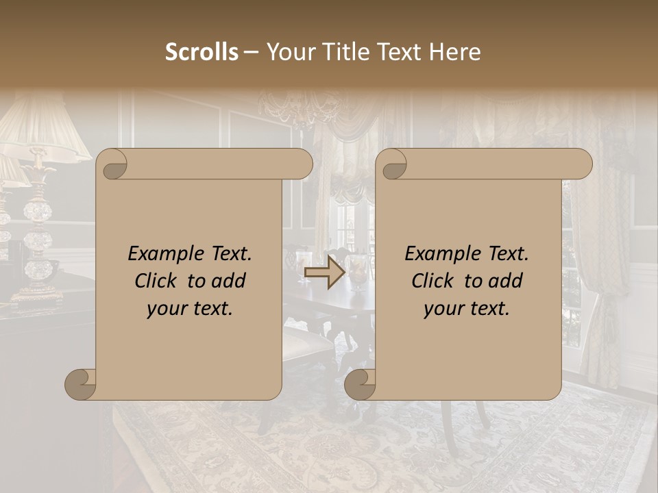 A Formal Dining Room With A Chandelier And Table PowerPoint Template