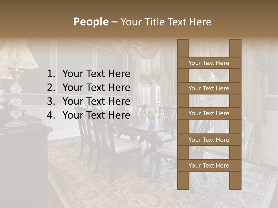 A Formal Dining Room With A Chandelier And Table PowerPoint Template