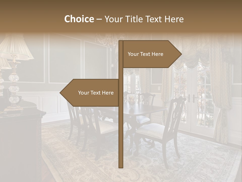 A Formal Dining Room With A Chandelier And Table PowerPoint Template