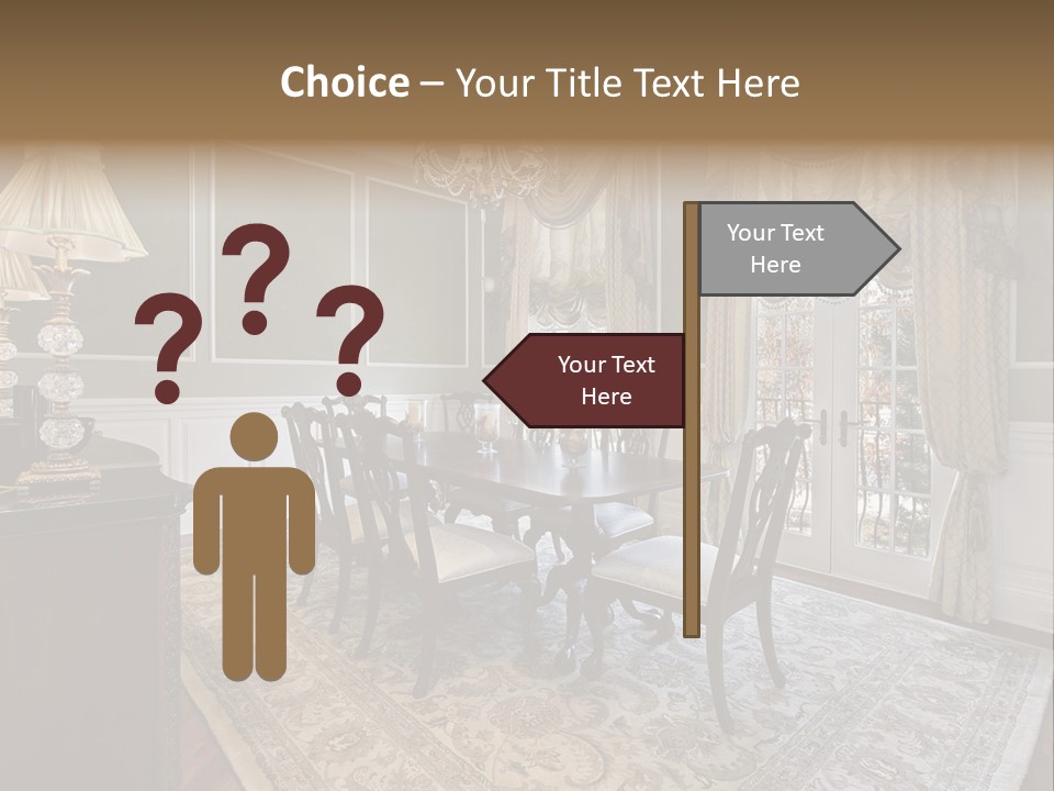 A Formal Dining Room With A Chandelier And Table PowerPoint Template