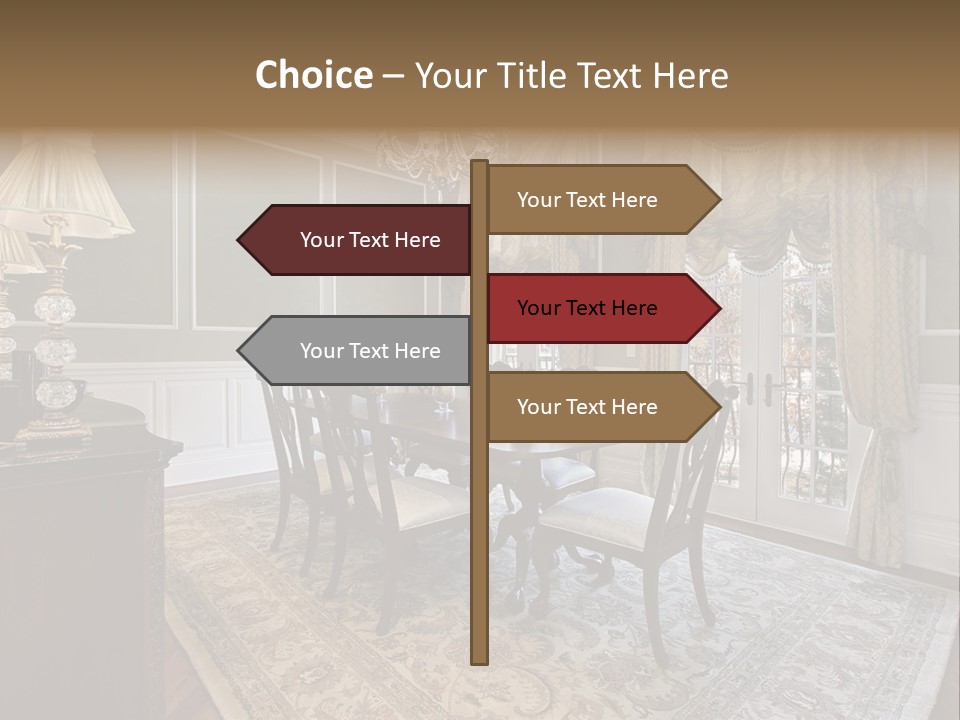 A Formal Dining Room With A Chandelier And Table PowerPoint Template