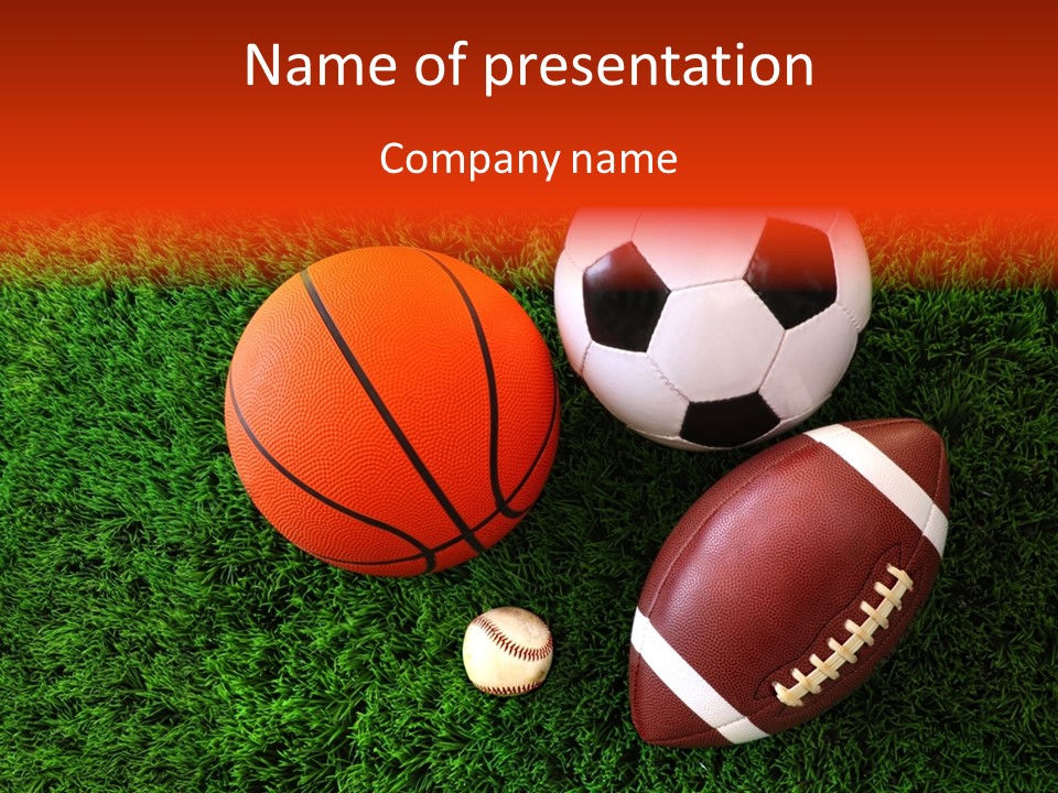 Three Sports Balls And A Basketball On The Grass PowerPoint Template