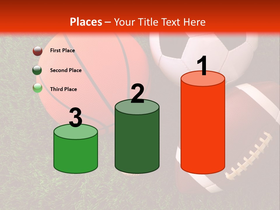 Three Sports Balls And A Basketball On The Grass PowerPoint Template