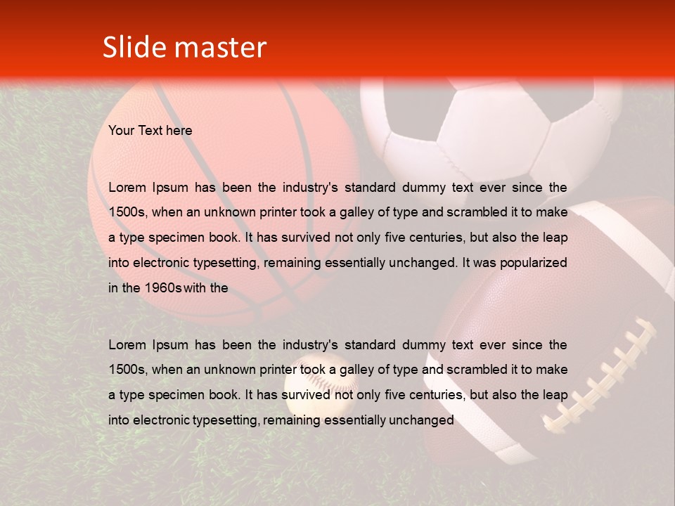 Three Sports Balls And A Basketball On The Grass PowerPoint Template