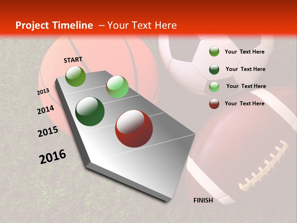 Three Sports Balls And A Basketball On The Grass PowerPoint Template