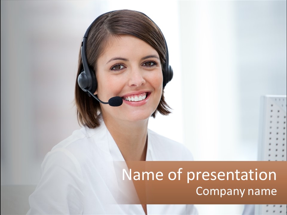A Woman Wearing A Headset Is Smiling For The Camera PowerPoint Template