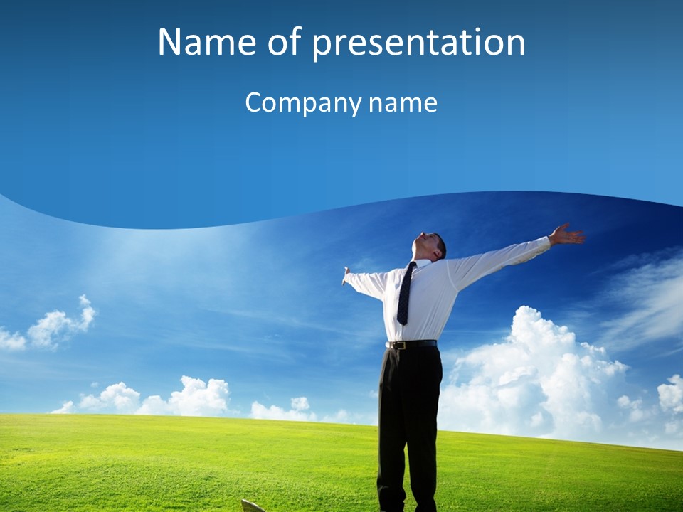 A Man Standing In A Field With His Arms Outstretched PowerPoint Template