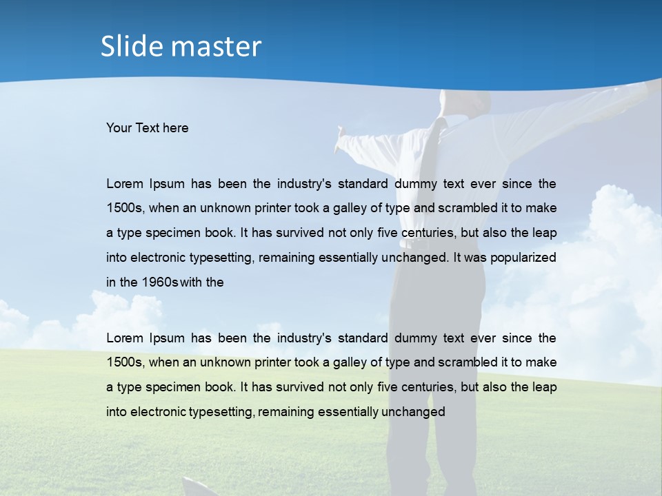 A Man Standing In A Field With His Arms Outstretched PowerPoint Template