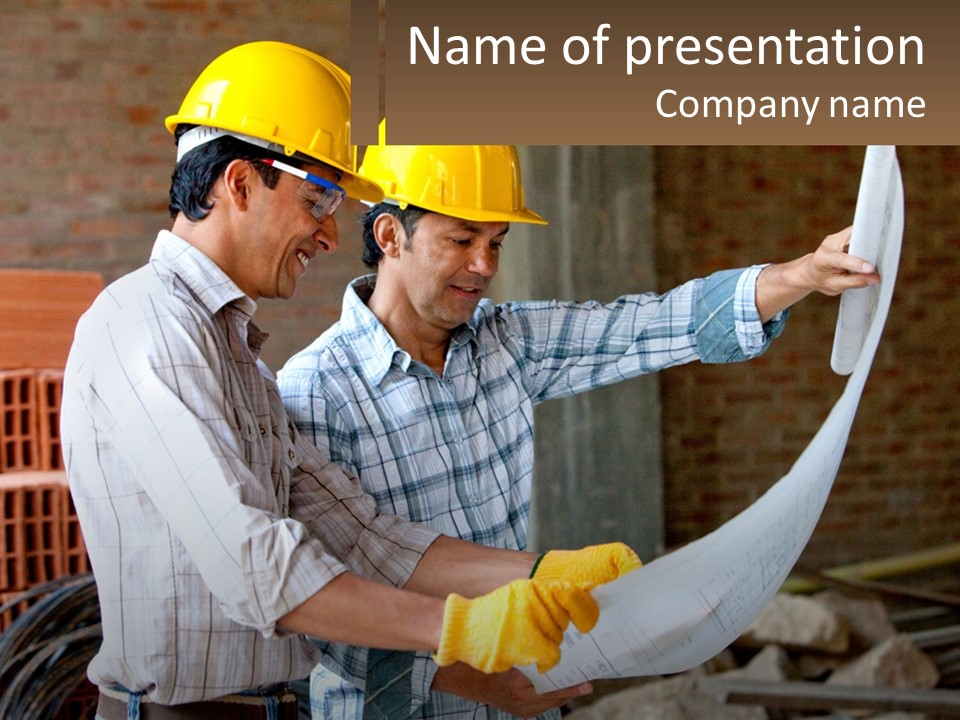 Two Men In Hardhats Holding A Piece Of Paper PowerPoint Template