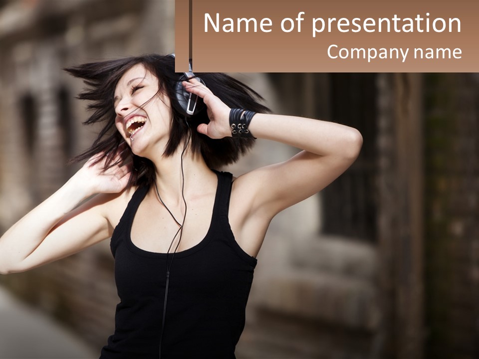 A Woman Is Listening To Music With Headphones PowerPoint Template