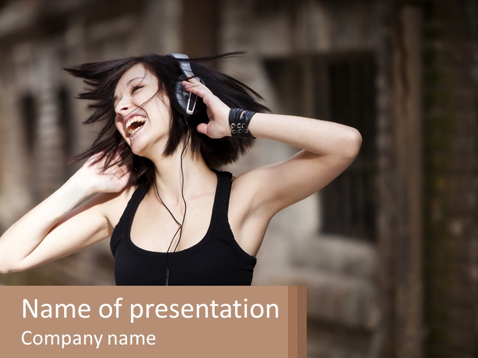 A Woman Is Listening To Music With Headphones PowerPoint Template