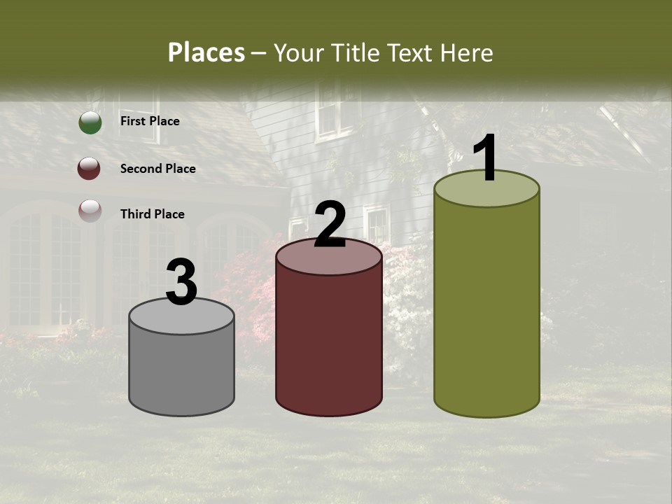 A Blue House With Pink And White Flowers In Front Of It PowerPoint Template