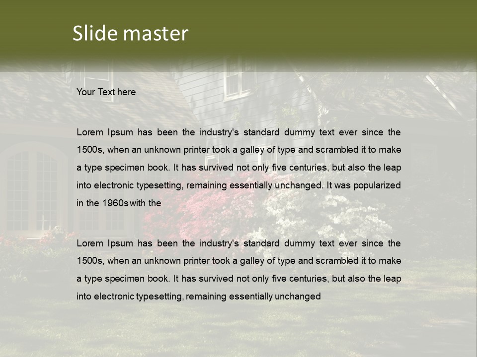 A Blue House With Pink And White Flowers In Front Of It PowerPoint Template