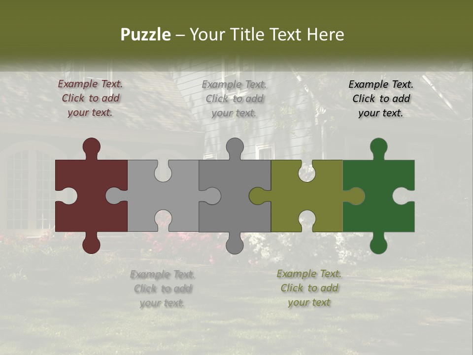 A Blue House With Pink And White Flowers In Front Of It PowerPoint Template