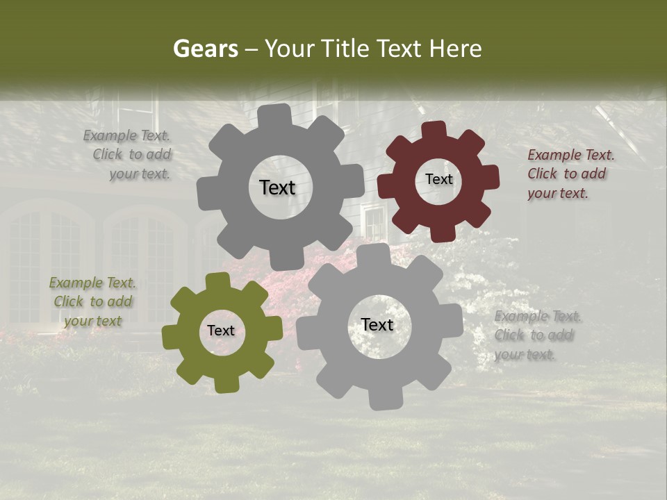 A Blue House With Pink And White Flowers In Front Of It PowerPoint Template