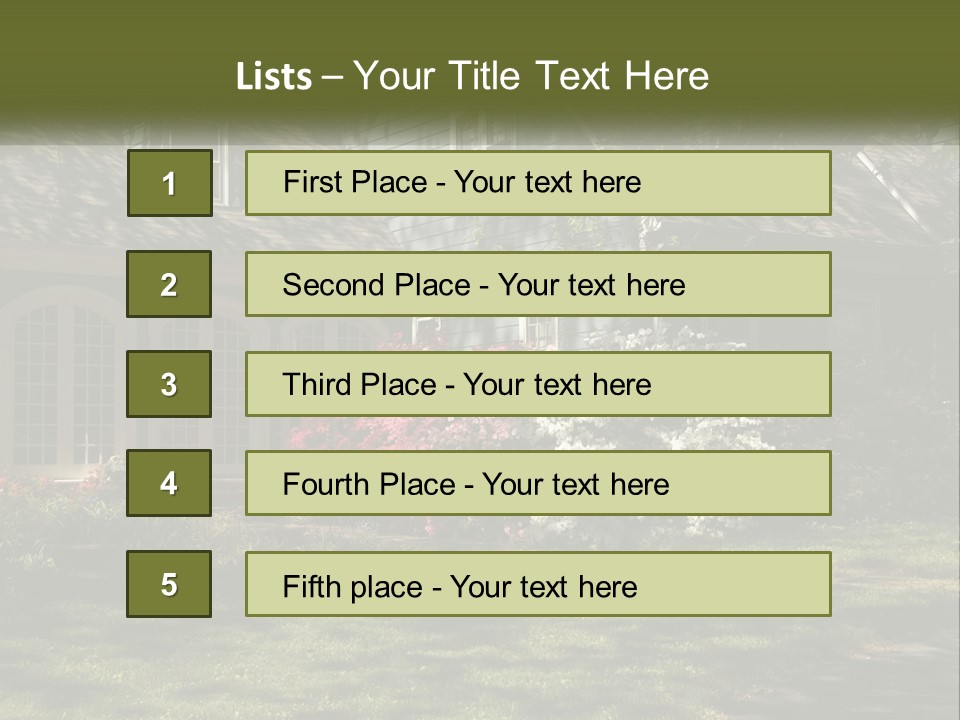 A Blue House With Pink And White Flowers In Front Of It PowerPoint Template