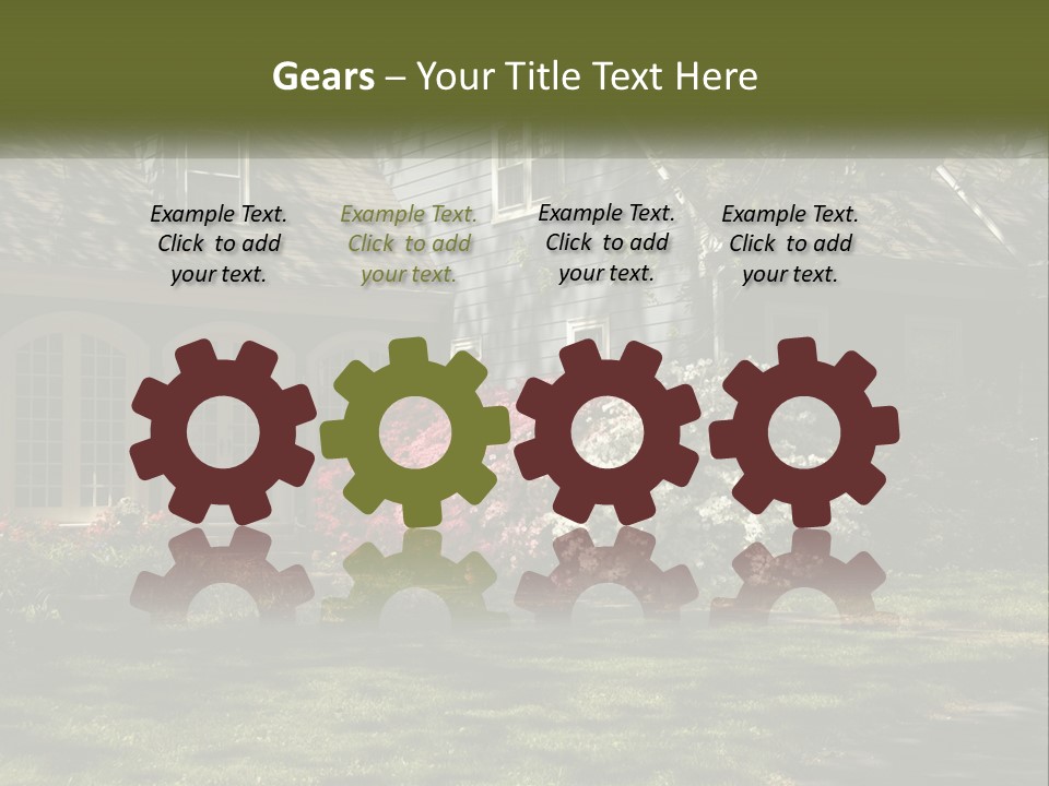 A Blue House With Pink And White Flowers In Front Of It PowerPoint Template