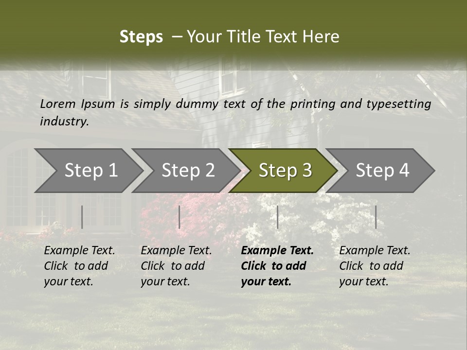 A Blue House With Pink And White Flowers In Front Of It PowerPoint Template