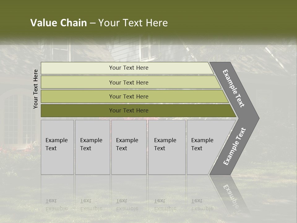 A Blue House With Pink And White Flowers In Front Of It PowerPoint Template