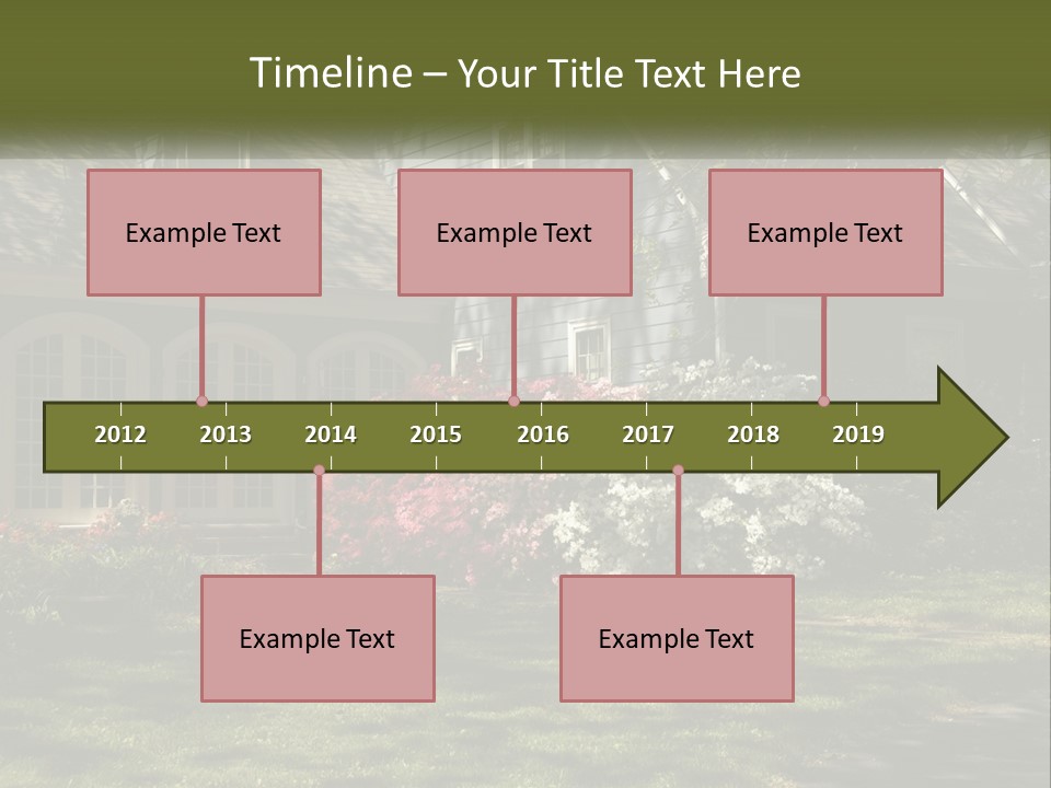 A Blue House With Pink And White Flowers In Front Of It PowerPoint Template