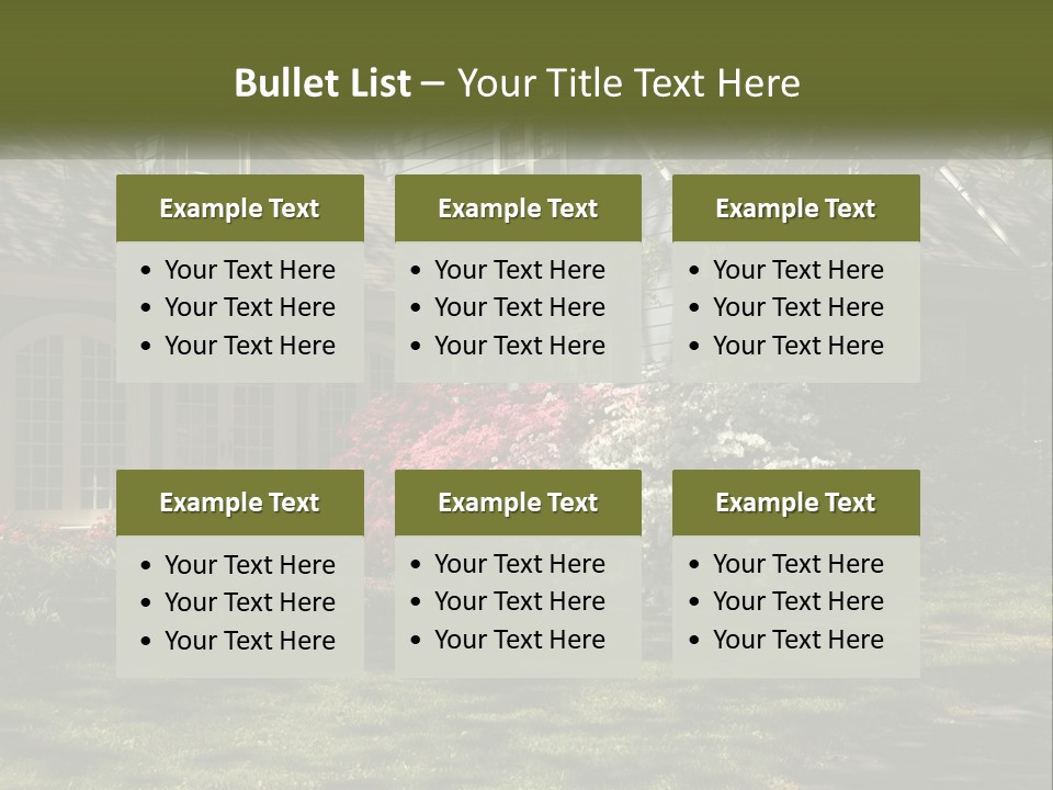 A Blue House With Pink And White Flowers In Front Of It PowerPoint Template