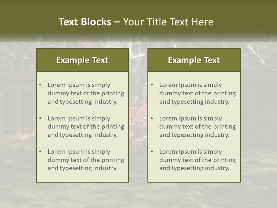 A Blue House With Pink And White Flowers In Front Of It PowerPoint Template